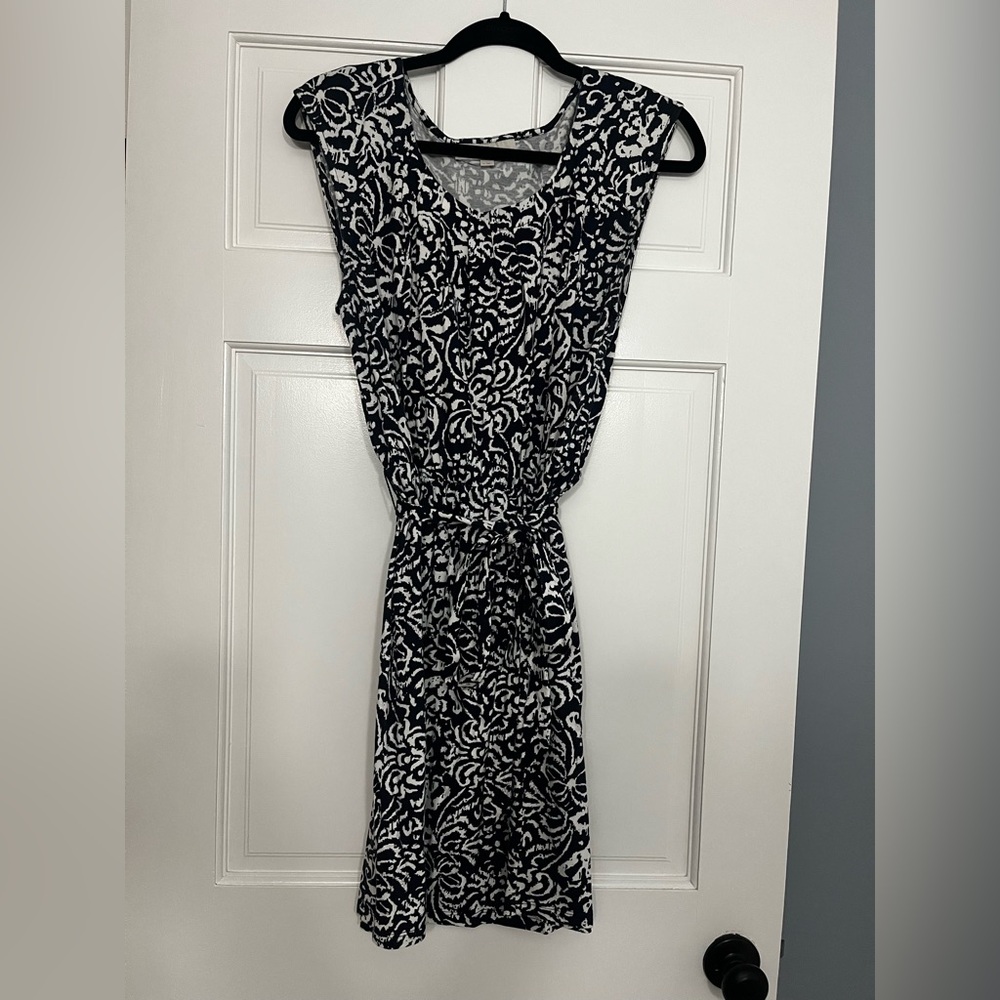 LOFT Navy and White Floral Midi Dress with belt